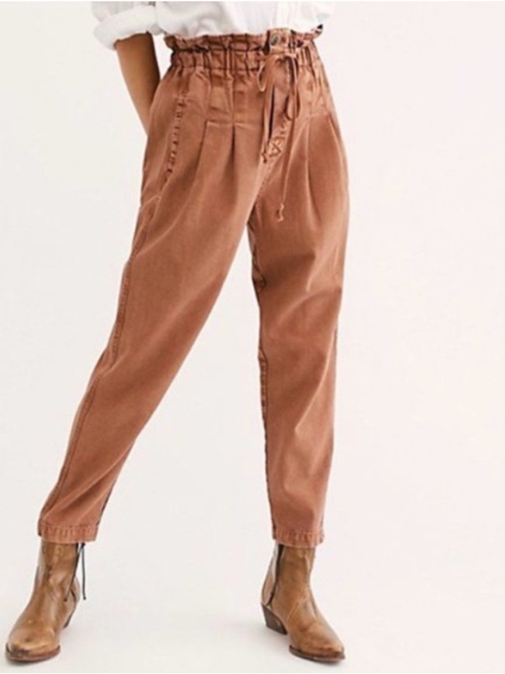 Free People Margate Ankle Pants Khaki Paperbag Waist Button Fly High Rise. XS.